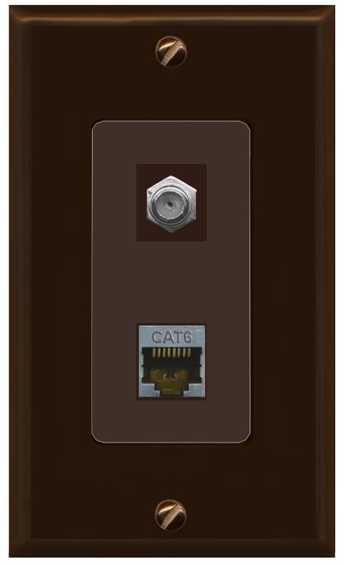 RiteAV 1 Port Cat6-Shielded Ethernet Coax Jack Wall Plate - 1 Gang [Brown/Brown]
