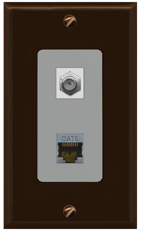 RiteAV 1 Port Cat6-Shielded Ethernet Coax Jack Wall Plate - 1 Gang [Brown/Gray]