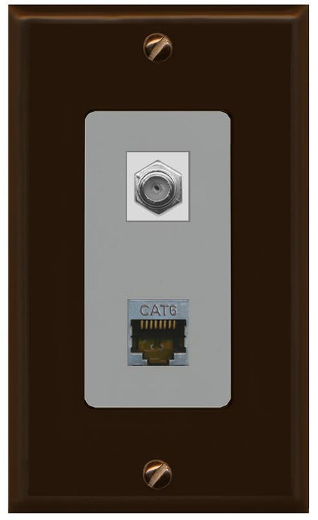 RiteAV 1 Port Cat6-Shielded Ethernet Coax Jack Wall Plate - 1 Gang [Brown/Gray]