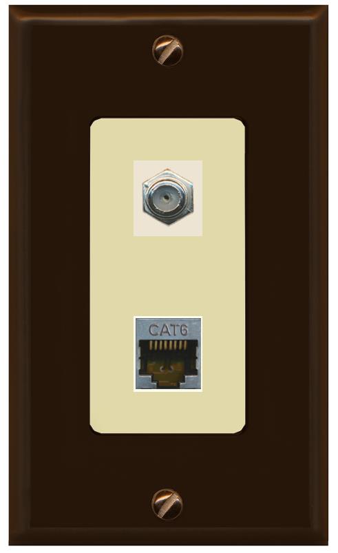 RiteAV 1 Port Cat6-Shielded Ethernet Coax Jack Wall Plate - 1 Gang [Brown/Ivory]