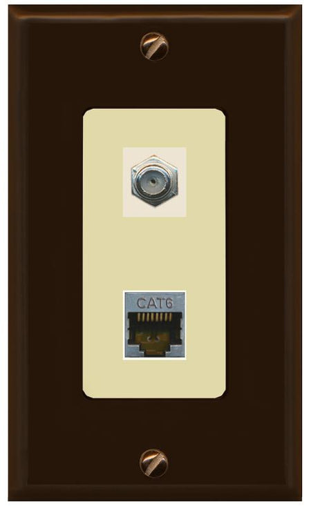 RiteAV 1 Port Cat6-Shielded Ethernet Coax Jack Wall Plate - 1 Gang [Brown/Ivory]