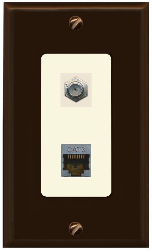 RiteAV 1 Port Cat6-Shielded Ethernet Coax Jack Wall Plate - 1 Gang [Brown/Light-Almond]