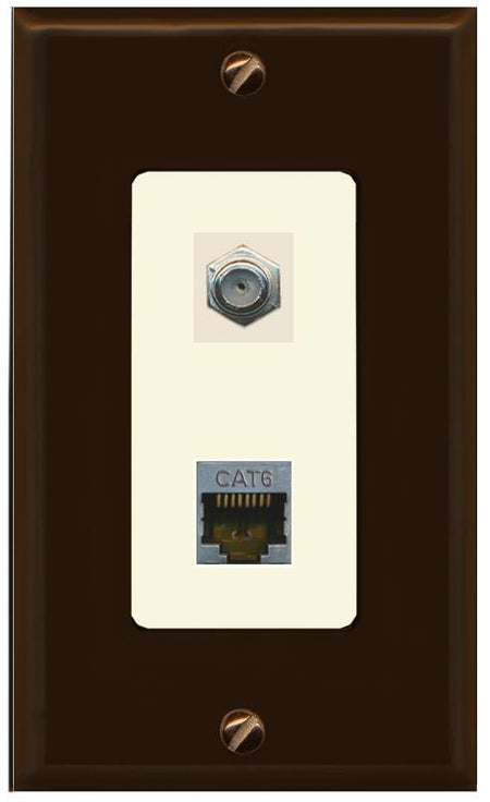 RiteAV 1 Port Cat6-Shielded Ethernet Coax Jack Wall Plate - 1 Gang [Brown/Light-Almond]