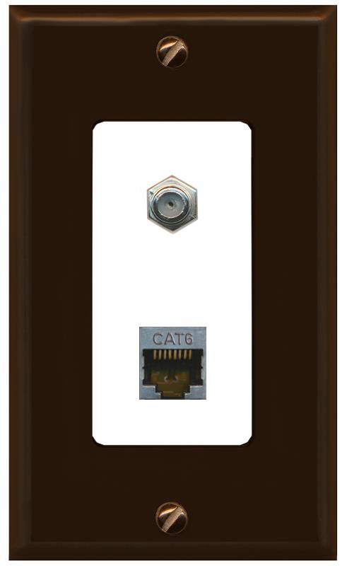 RiteAV 1 Port Cat6-Shielded Ethernet Coax Jack Wall Plate - 1 Gang [Brown/White]