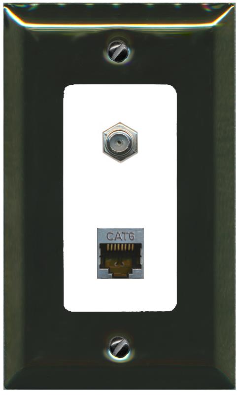 RiteAV 1 Port Cat6-Shielded Ethernet Coax Jack Wall Plate - 1 Gang [Brass/White]