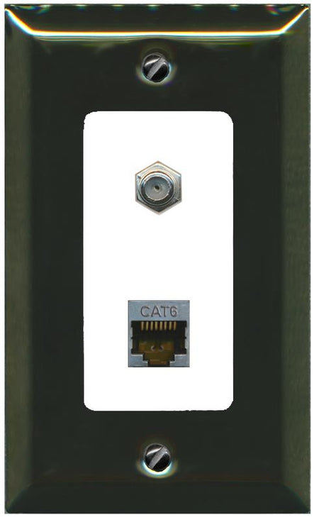 RiteAV 1 Port Cat6-Shielded Ethernet Coax Jack Wall Plate - 1 Gang [Brass/White]