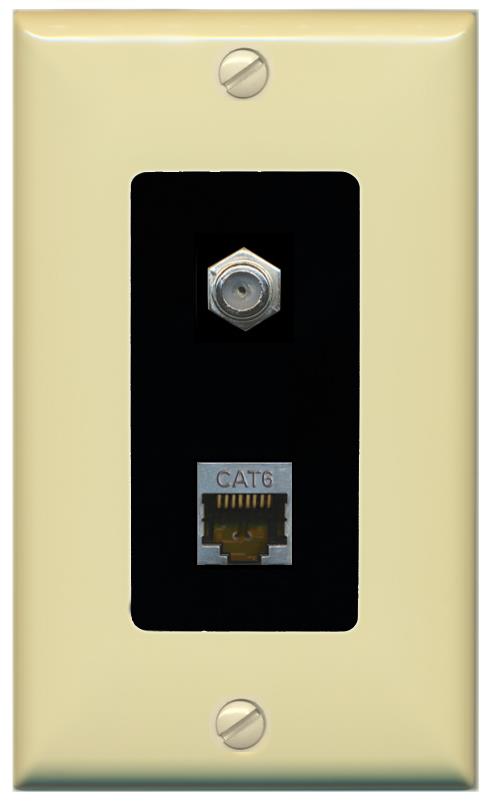 RiteAV 1 Port Cat6-Shielded Ethernet Coax Jack Wall Plate - 1 Gang [Ivory/Black]