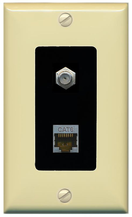 RiteAV 1 Port Cat6-Shielded Ethernet Coax Jack Wall Plate - 1 Gang [Ivory/Black]