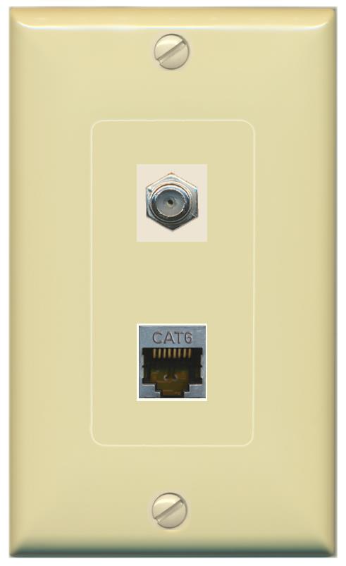 RiteAV 1 Port Cat6-Shielded Ethernet Coax Jack Wall Plate - 1 Gang [Ivory/Ivory]
