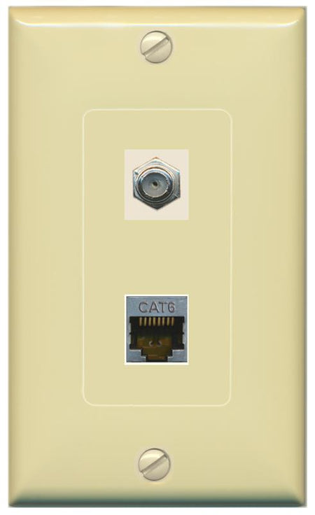 RiteAV 1 Port Cat6-Shielded Ethernet Coax Jack Wall Plate - 1 Gang [Ivory/Ivory]