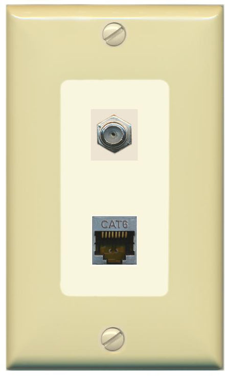 RiteAV 1 Port Cat6-Shielded Ethernet Coax Jack Wall Plate - 1 Gang [Ivory/Light-Almond]
