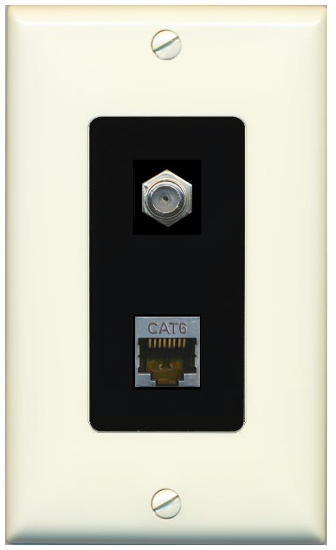 RiteAV 1 Port Cat6-Shielded Ethernet Coax Jack Wall Plate - 1 Gang [Light-Almond/Black]