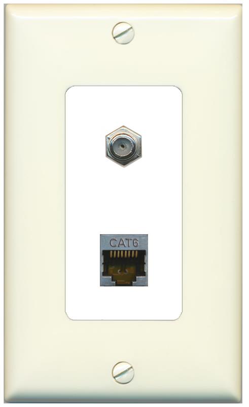 RiteAV 1 Port Cat6-Shielded Ethernet Coax Jack Wall Plate - 1 Gang [Light-Almond/White]