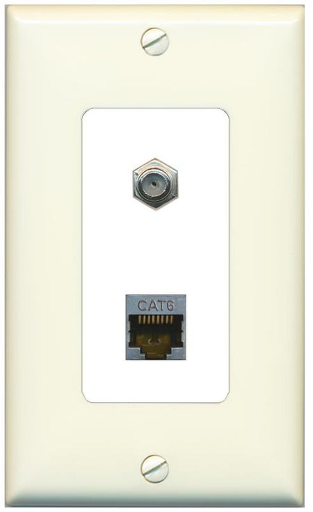 RiteAV 1 Port Cat6-Shielded Ethernet Coax Jack Wall Plate - 1 Gang [Light-Almond/White]