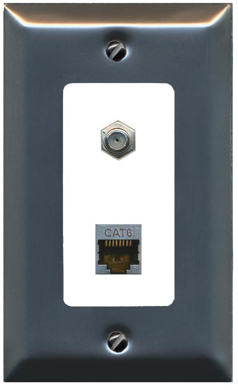 RiteAV 1 Port Cat6-Shielded Ethernet Coax Jack Wall Plate - 1 Gang [Brushed-Nickel/White]
