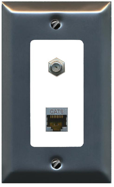 RiteAV 1 Port Cat6-Shielded Ethernet Coax Jack Wall Plate - 1 Gang [Brushed-Nickel/White]