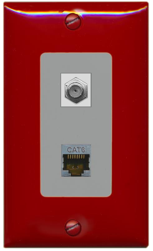 RiteAV 1 Port Cat6-Shielded Ethernet Coax Jack Wall Plate - 1 Gang [Red/Gray]