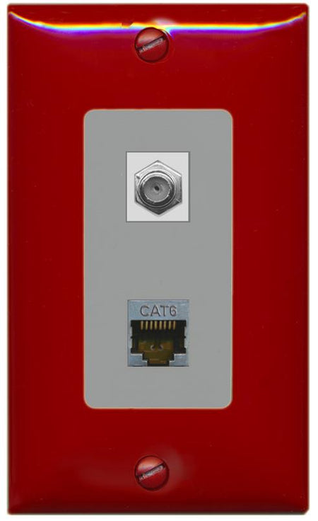 RiteAV 1 Port Cat6-Shielded Ethernet Coax Jack Wall Plate - 1 Gang [Red/Gray]