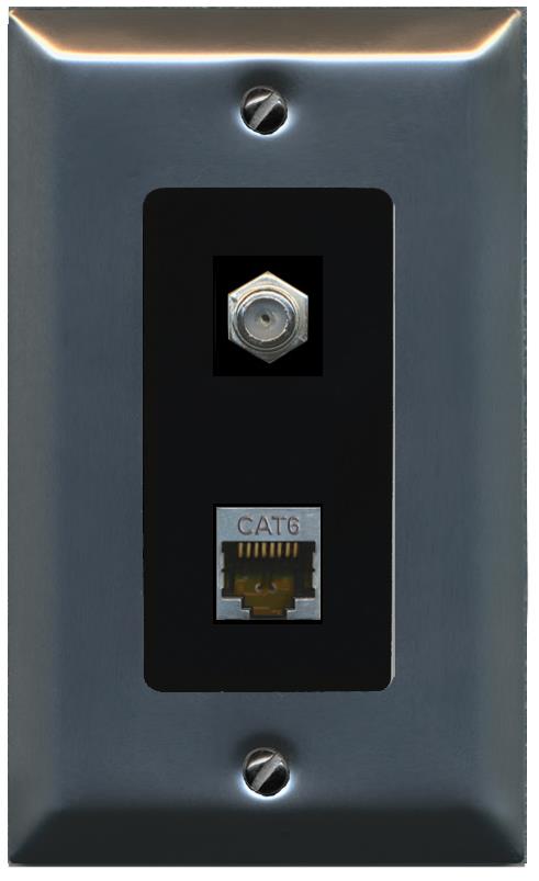 RiteAV 1 Port Cat6-Shielded Ethernet Coax Jack Wall Plate - 1 Gang [Stainless/Black]