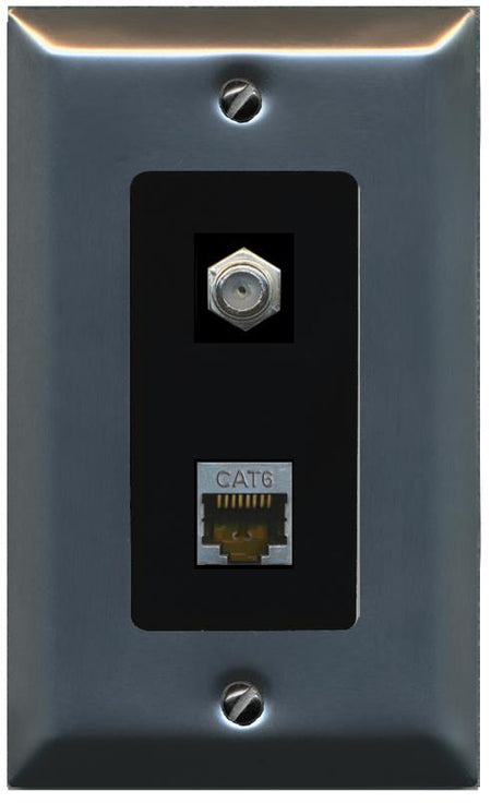 RiteAV 1 Port Cat6-Shielded Ethernet Coax Jack Wall Plate - 1 Gang [Stainless/Black]