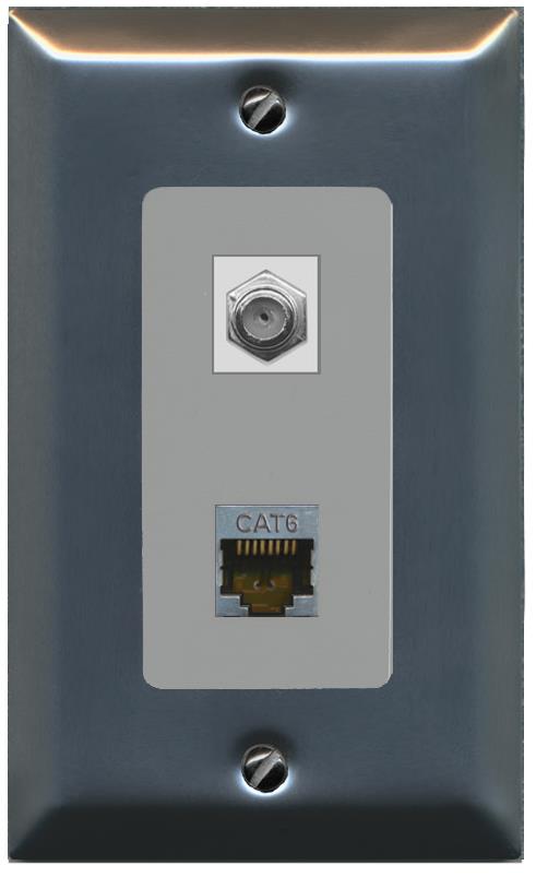 RiteAV 1 Port Cat6-Shielded Ethernet Coax Jack Wall Plate - 1 Gang [Stainless/Gray]