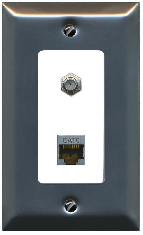 RiteAV 1 Port Cat6-Shielded Ethernet Coax Jack Wall Plate - 1 Gang [Stainless/White]