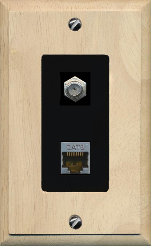 RiteAV 1 Port Cat6-Shielded Ethernet Coax Jack Wall Plate - 1 Gang [Wood/Black]