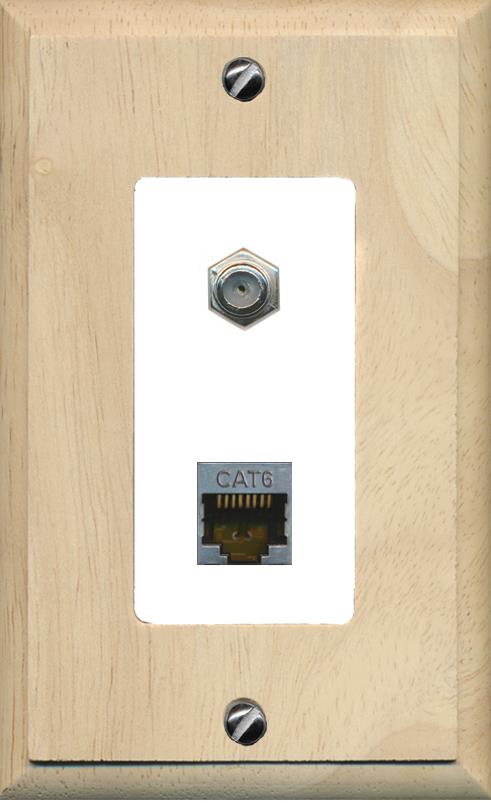RiteAV 1 Port Cat6-Shielded Ethernet Coax Jack Wall Plate - 1 Gang [Wood/White]