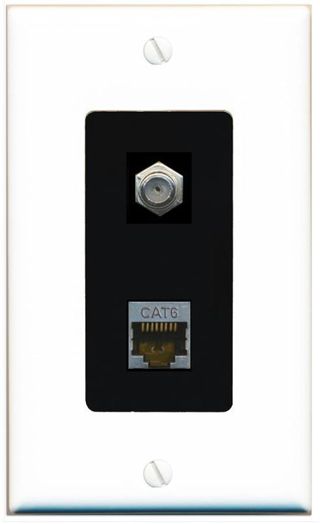 RiteAV 1 Port Cat6-Shielded Ethernet Coax Jack Wall Plate - 1 Gang [White/Black]