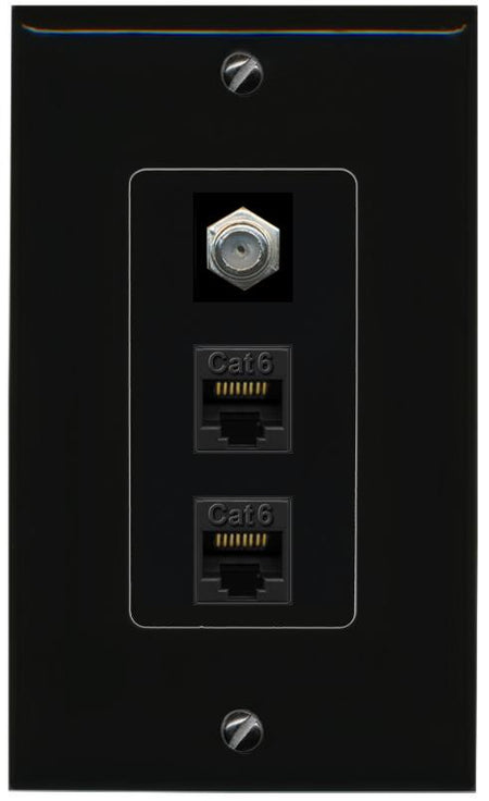 RiteAV 2 Port Cat6-Ethernet 1 Coax Cable TV Jack Decorative Wall Plate - 1 Gang [Black/Black]