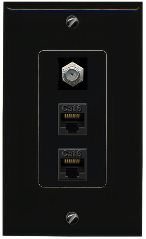 RiteAV 2 Port Cat6-Ethernet 1 Coax Cable TV Jack Decorative Wall Plate - 1 Gang [Black/Black]