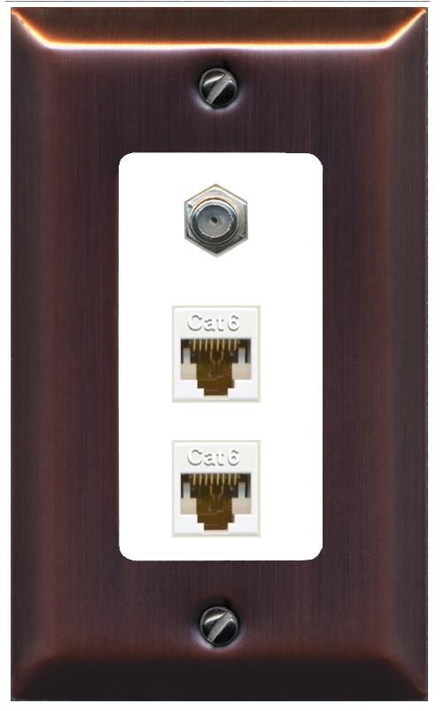 RiteAV 2 Port Cat6-Ethernet 1 Coax Cable TV Jack Decorative Wall Plate - 1 Gang [Brushed-Copper/White]