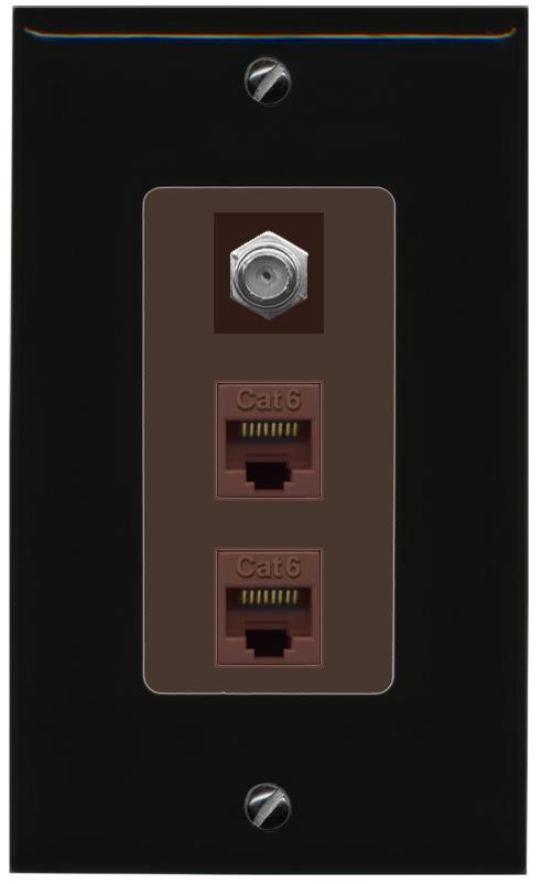 RiteAV 2 Port Cat6-Ethernet 1 Coax Cable TV Jack Decorative Wall Plate - 1 Gang [Black/Brown]