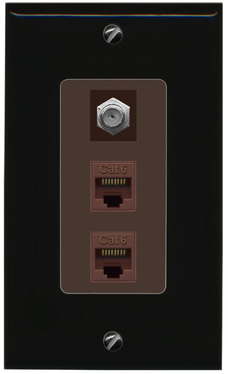 RiteAV 2 Port Cat6-Ethernet 1 Coax Cable TV Jack Decorative Wall Plate - 1 Gang [Black/Brown]