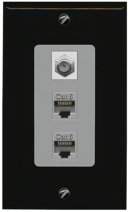 RiteAV 2 Port Cat6-Ethernet 1 Coax Cable TV Jack Decorative Wall Plate - 1 Gang [Black/Gray]