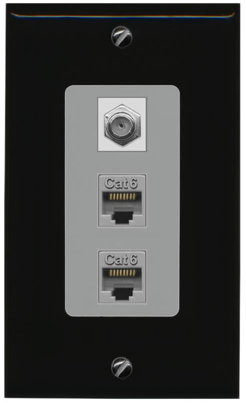 RiteAV 2 Port Cat6-Ethernet 1 Coax Cable TV Jack Decorative Wall Plate - 1 Gang [Black/Gray]