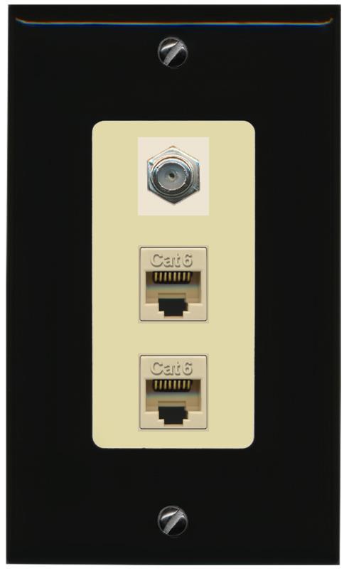 RiteAV 2 Port Cat6-Ethernet 1 Coax Cable TV Jack Decorative Wall Plate - 1 Gang [Black/Ivory]