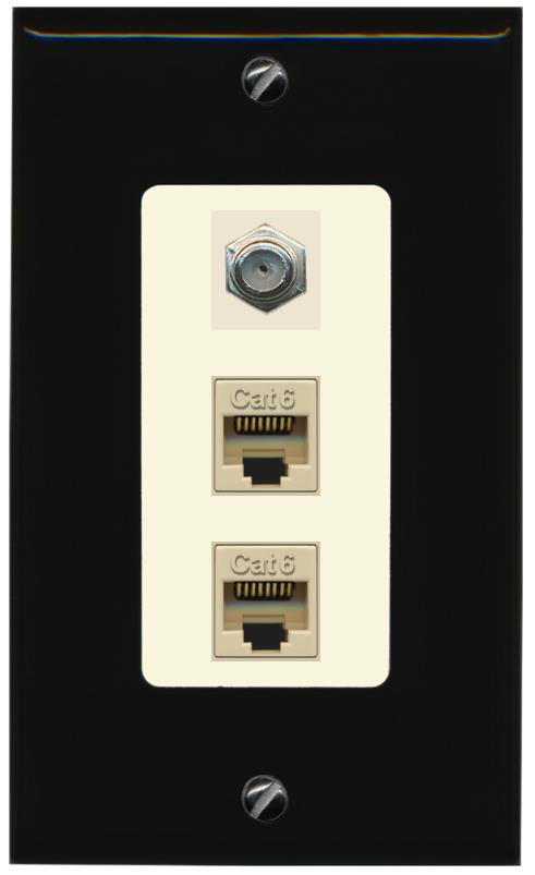 RiteAV 2 Port Cat6-Ethernet 1 Coax Cable TV Jack Decorative Wall Plate - 1 Gang [Black/Light-Almond]