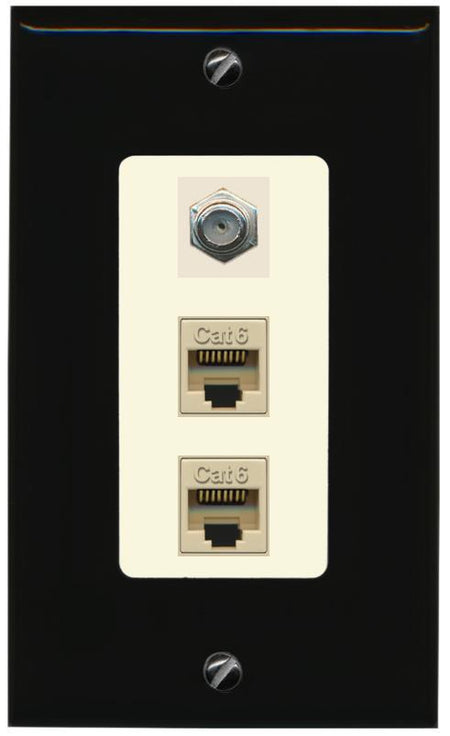 RiteAV 2 Port Cat6-Ethernet 1 Coax Cable TV Jack Decorative Wall Plate - 1 Gang [Black/Light-Almond]