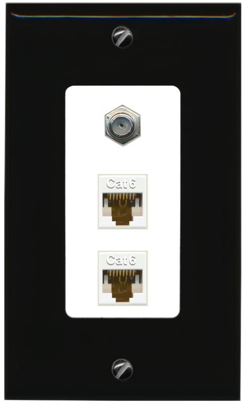 RiteAV 2 Port Cat6-Ethernet 1 Coax Cable TV Jack Decorative Wall Plate - 1 Gang [Black/White]