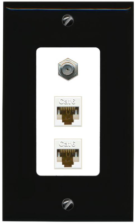 RiteAV 2 Port Cat6-Ethernet 1 Coax Cable TV Jack Decorative Wall Plate - 1 Gang [Black/White]
