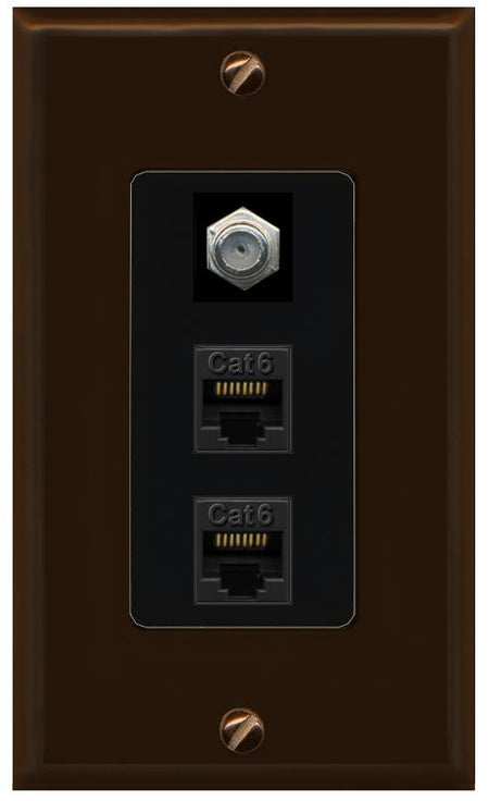 RiteAV 2 Port Cat6-Ethernet 1 Coax Cable TV Jack Decorative Wall Plate - 1 Gang [Brown/Black]