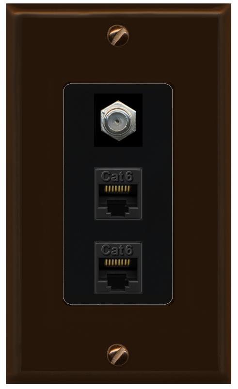 RiteAV 2 Port Cat6-Ethernet 1 Coax Cable TV Jack Decorative Wall Plate - 1 Gang [Brown/Black]