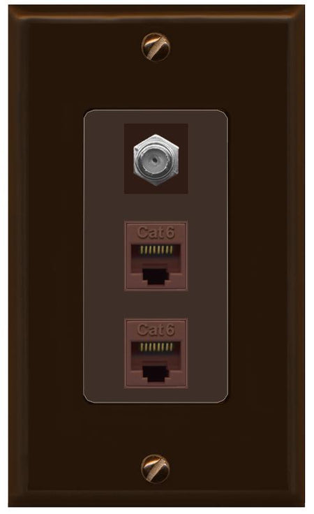 RiteAV 2 Port Cat6-Ethernet 1 Coax Cable TV Jack Decorative Wall Plate - 1 Gang [Brown/Brown]