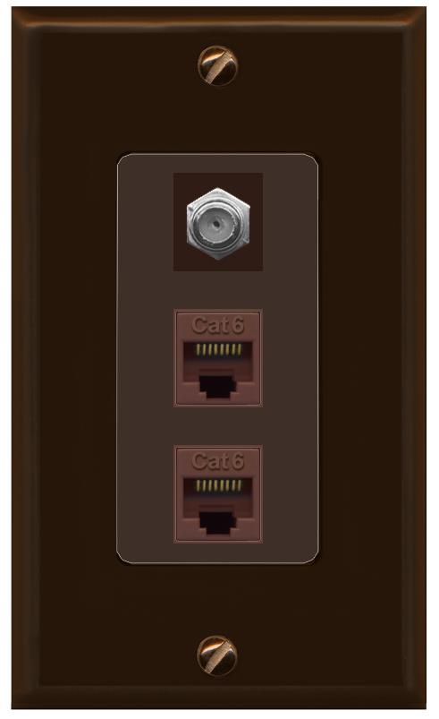 RiteAV 2 Port Cat6-Ethernet 1 Coax Cable TV Jack Decorative Wall Plate - 1 Gang [Brown/Brown]