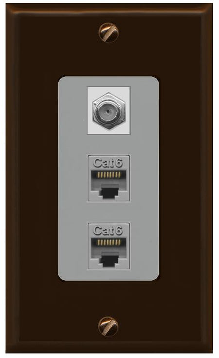 RiteAV 2 Port Cat6-Ethernet 1 Coax Cable TV Jack Decorative Wall Plate - 1 Gang [Brown/Gray]
