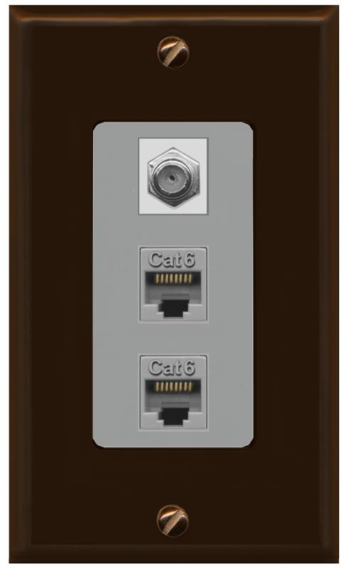 RiteAV 2 Port Cat6-Ethernet 1 Coax Cable TV Jack Decorative Wall Plate - 1 Gang [Brown/Gray]