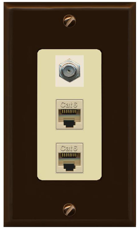 RiteAV 2 Port Cat6-Ethernet 1 Coax Cable TV Jack Decorative Wall Plate - 1 Gang [Brown/Ivory]