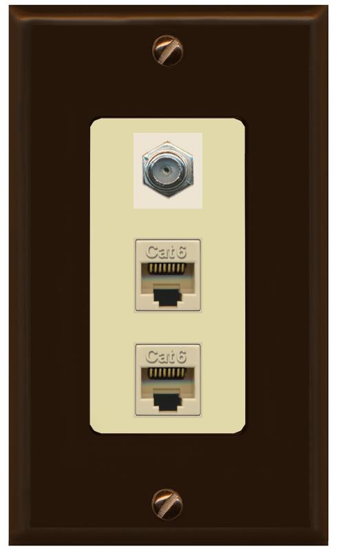 RiteAV 2 Port Cat6-Ethernet 1 Coax Cable TV Jack Decorative Wall Plate - 1 Gang [Brown/Ivory]