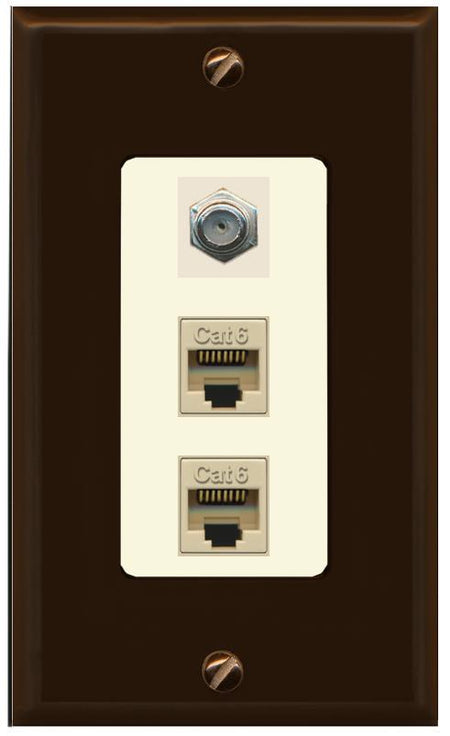 RiteAV 2 Port Cat6-Ethernet 1 Coax Cable TV Jack Decorative Wall Plate - 1 Gang [Brown/Light-Almond]